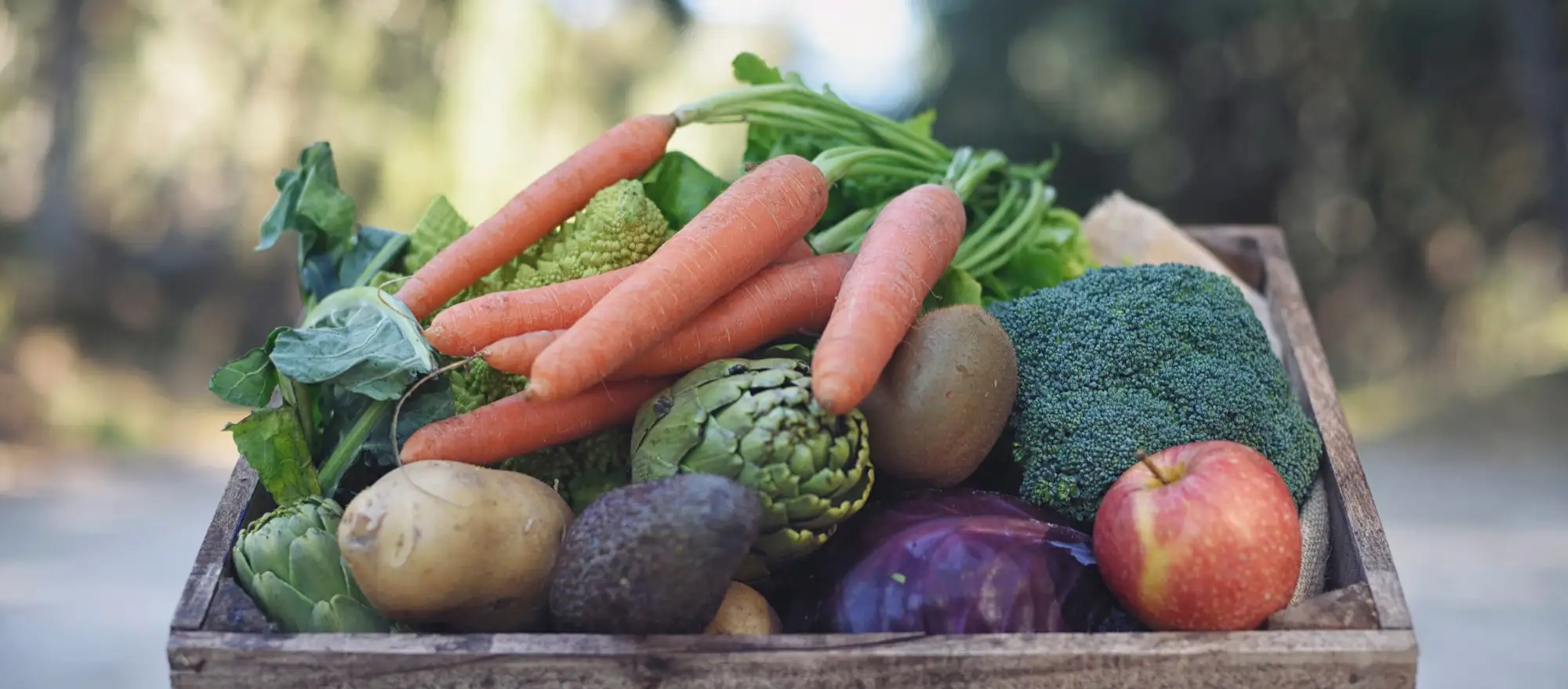 Wooden box filled fresh vegetables for M&A in the agriculture industry